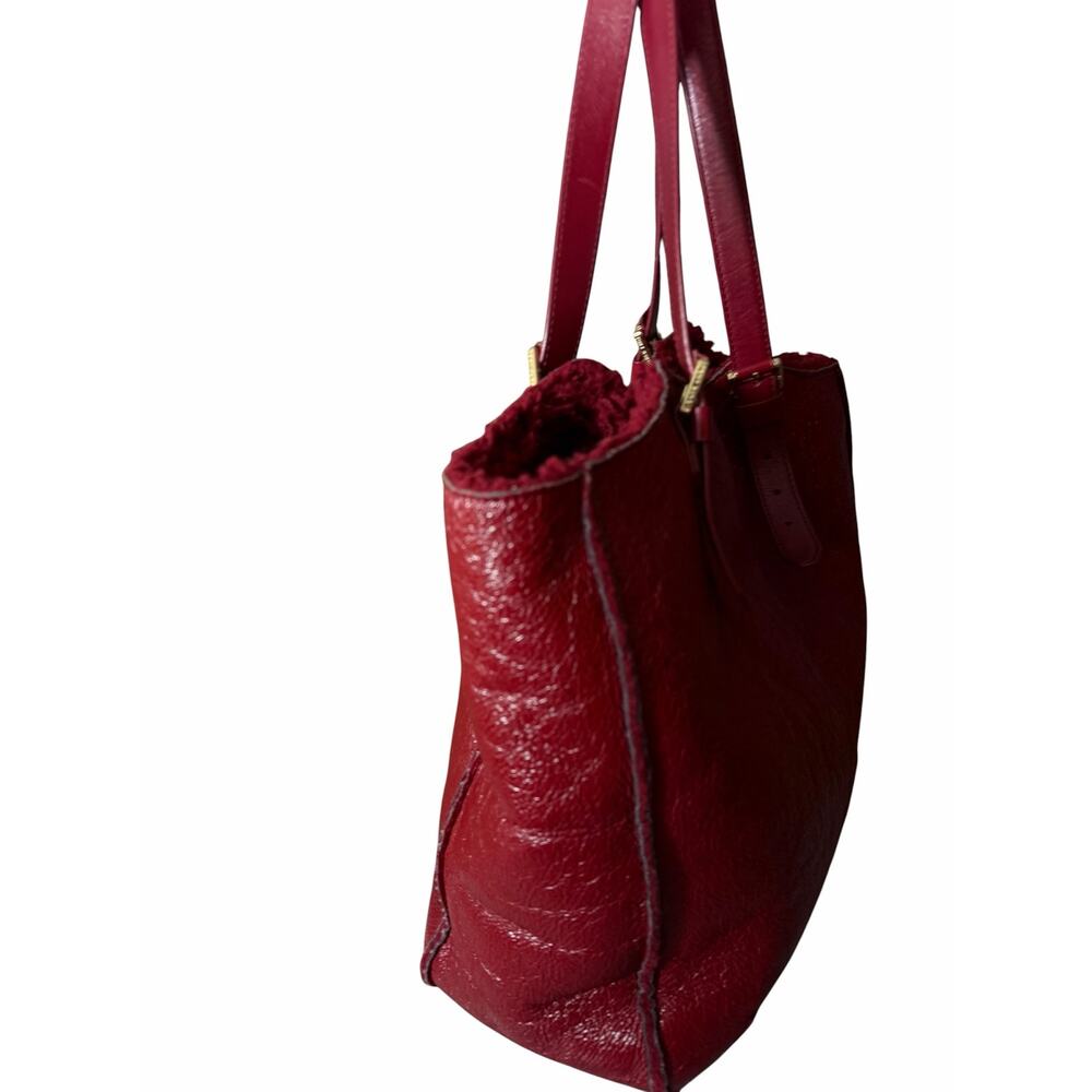 Tory Burch Channing Shearling Patent Leather Tote Red Burgundy Big Shoulder Bag - Picture 2 of 9
